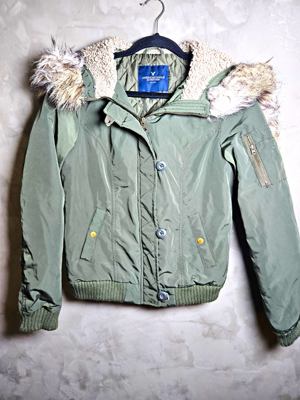 American Eagle Outfitters Womens Green Hooded Faux Fur Trim Lined Bomber Small